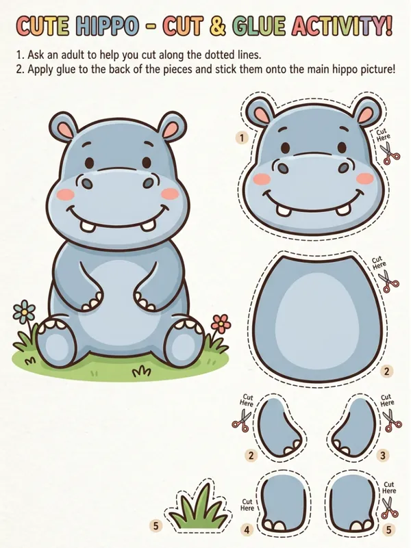 Cute Hippo cut and Glue activity