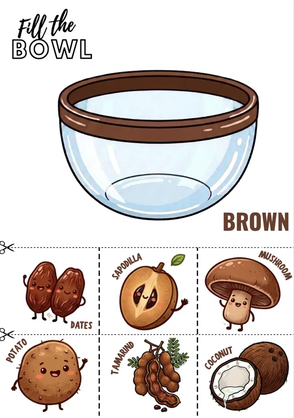 fill the bowl with brown color fruits and vegetables