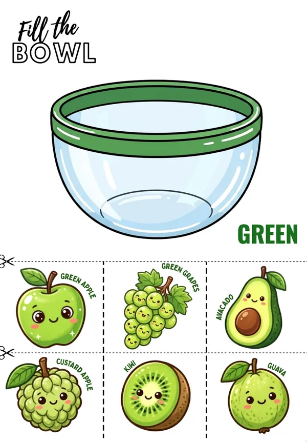 fill the bowl with green color fruits and vegetables