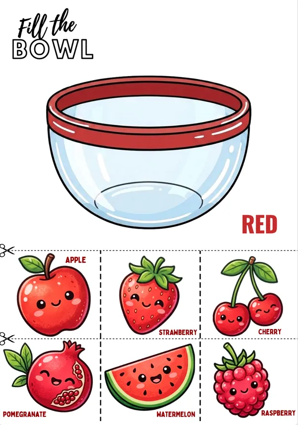 fill the bowl with red color fruits and vegetables