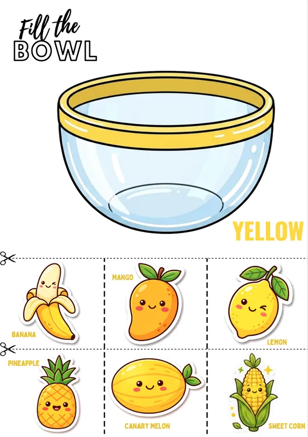 fill the bowl with yellow color fruits and vegetables