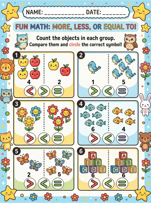 fun math more, less or equal to work sheet