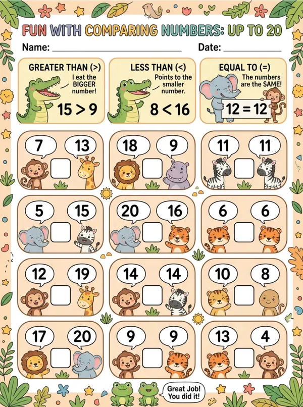Fun with comparing numbers upto 20 math worksheet