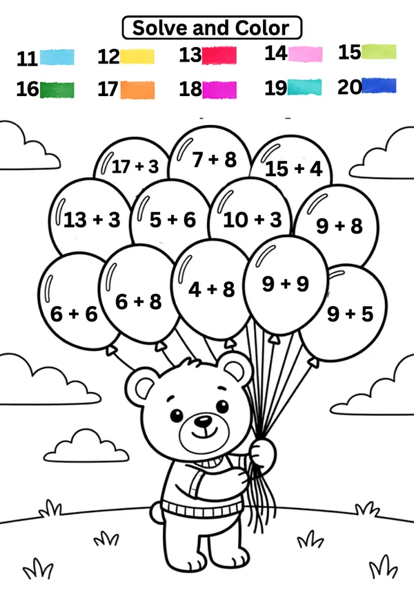 Math Addition worksheet Solve and color 11 to 20