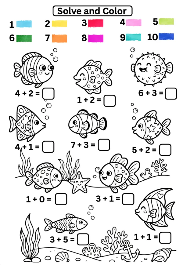 Math worksheet with 10 happy fishes solve and color