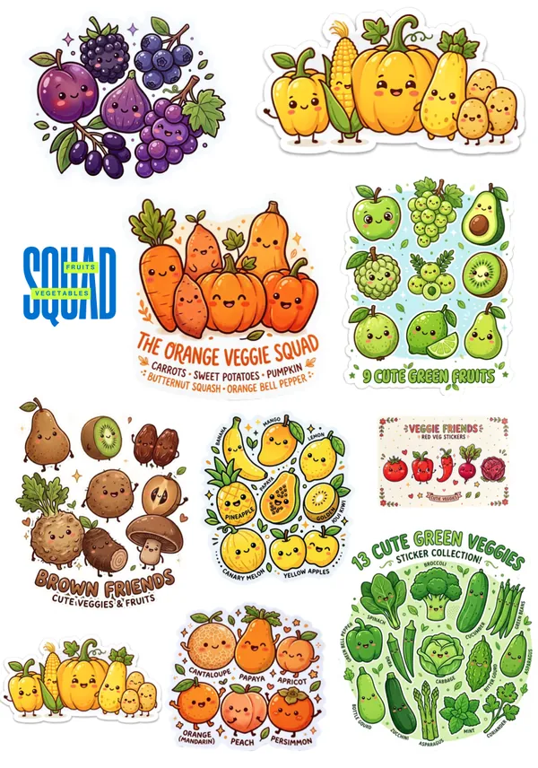 Squad of fruits and vegetables yellow, orange, red, green, brown and purple