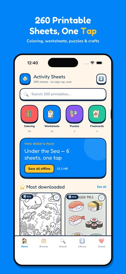 The app's home screen showing printable categories